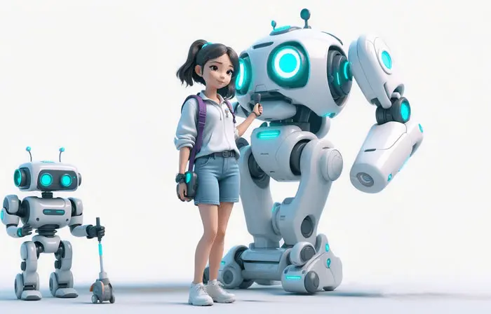 A Girl Is Standing Next to a Robot That Was Generated by AI 3D Character Illustration